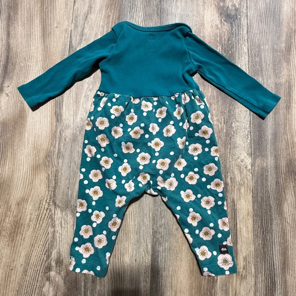 Tea Collection Baby Girls Teal Floral Polka Dot Long Sleeve Romper 3-6 Months